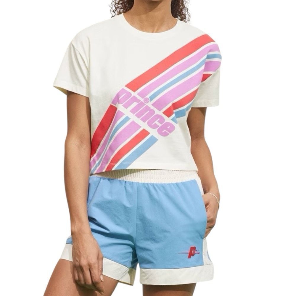 NEW Prince Pickleball Women's Short Sleeve Striped Graphic T-Shirt Cream M